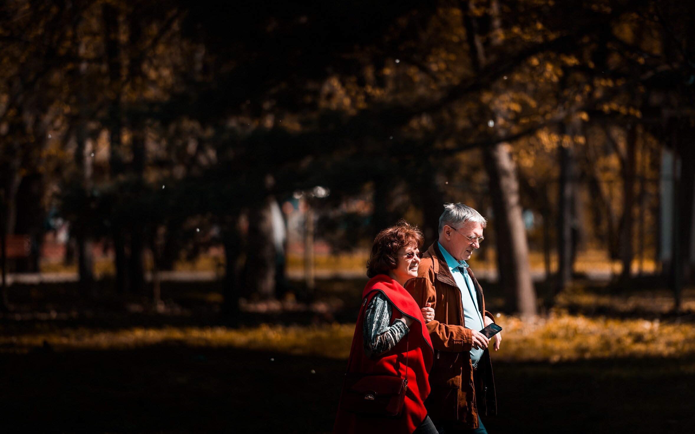 Middle aged couple walking